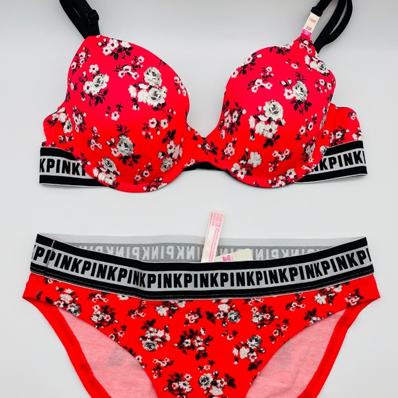 Victoria's Secret PINK NEW RARE BRA 36B AND BIKINI (M) SET RED/BLACK FLORAL - Picture 2 of 10